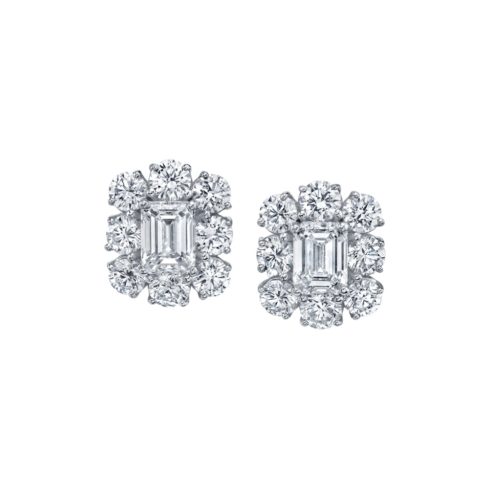 Emerald Cut Diamond Earrings With Large Halo