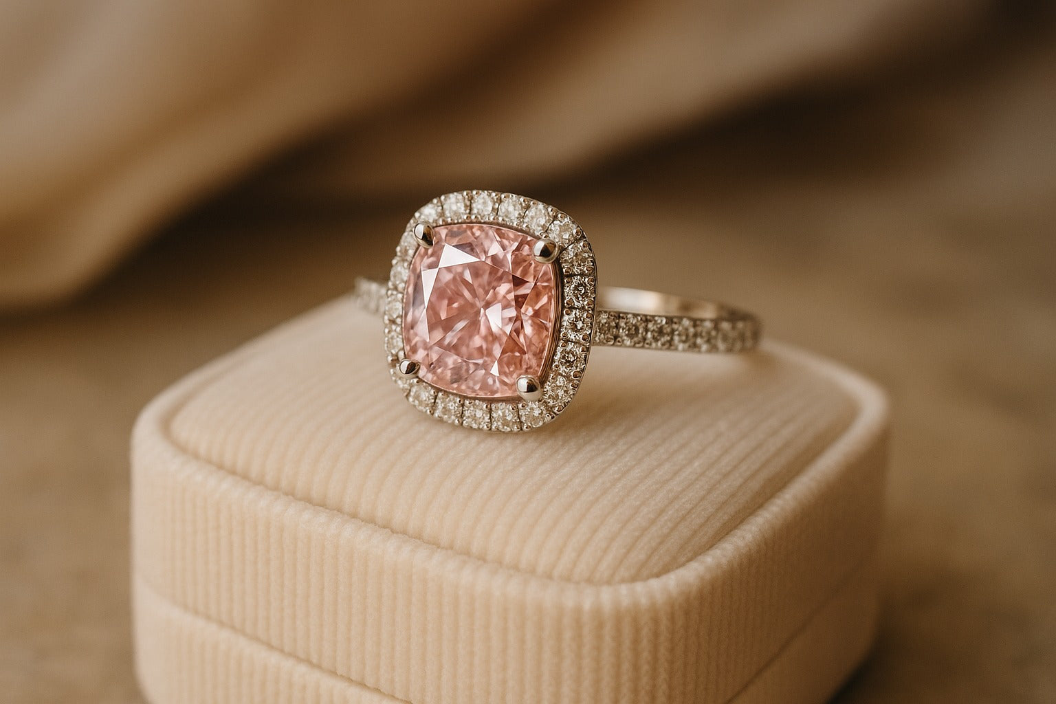 cushion cut pink diamond ring with regular diamond halo