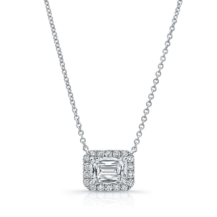 Emerald-Cut Diamond & Halo Pendant Necklace